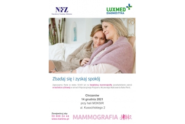 plakat zbadaj się i zyskaj spokój, bezpłatne badania mammograficzne dla pań w wieku 50-69 lat, zdjecie dwóch kobiet (mama i córka) siedzą na kanapie wtulone w siebie, iformacja o badaniach (jak w tekście ponizej)