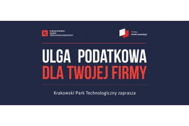 granatowy baner u góry czerwone logo KPT(granatowe k w czerwonym kwadracie) oraz logo na wzór flagi pl polska strefa inwestycji biały i czerwony napis ulga podatkowa dla Twojej firmy , krakowski park technologiczny 