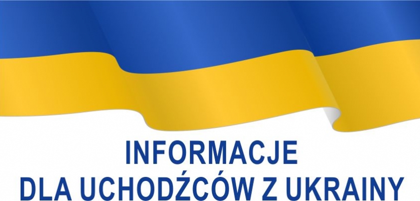 FLAGA UKRAINY ZÓŁTO NIEBIESKA NAPIS BIAŁY INFORMACJE DLA UCHODŹCÓW Z UKRAINY 
