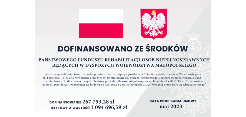 plakat szary, flaga RP, godło RP informacja po dofiunansowaniu ze srodków pFRON