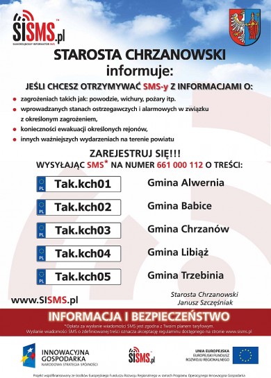 plakat informujący o systemie SMS powiatu chrzanowskiego
