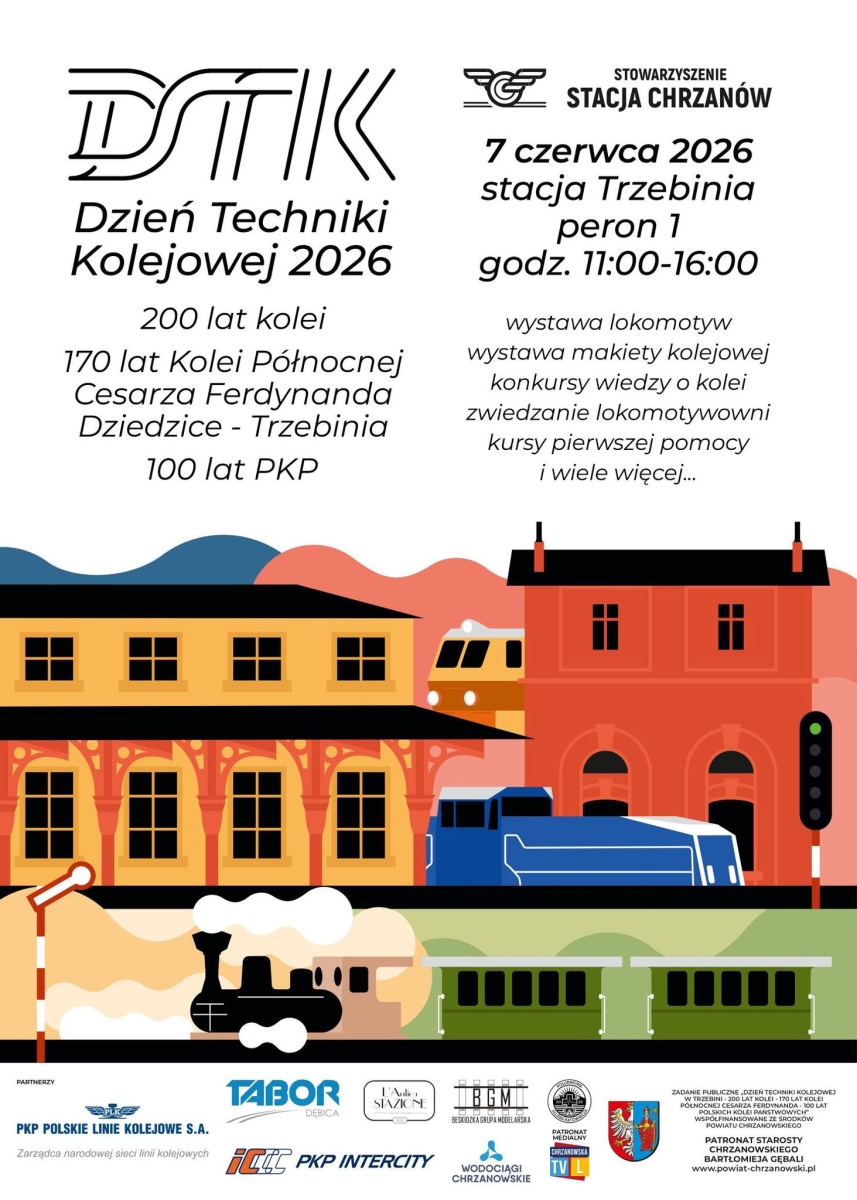 Plakat przedstawiający narysowane lokomotywy, pociągi i budynki. Na górzej i dole plakatu logotypy i teksty