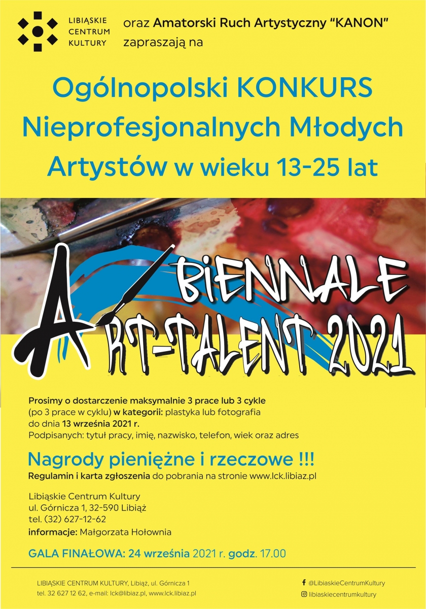 Żółty plakat Biennale Art-Talent 2021 