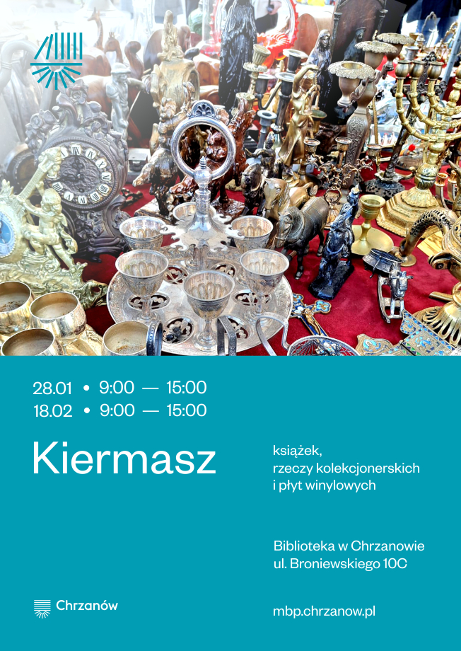 Na plakacie zdjęcie starych zegarów, kielichów, figurek 
