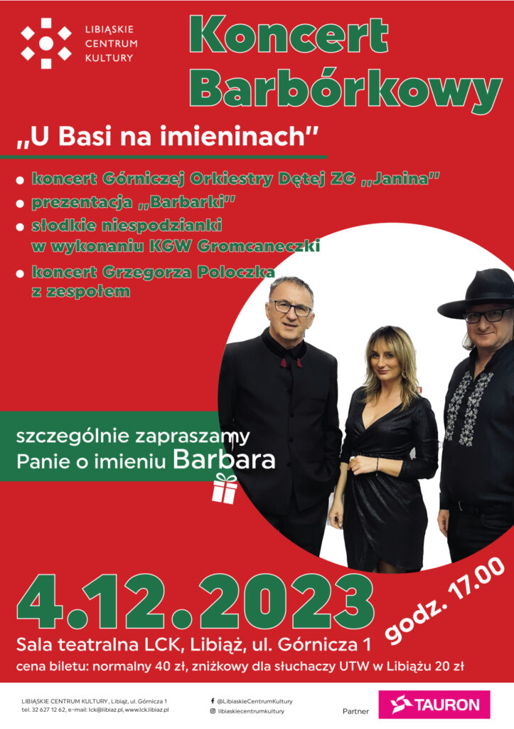 Czerwone tło z zielonymi białymi napisami oraz zdjęcie 2 mężczyzn i jednej kobiety