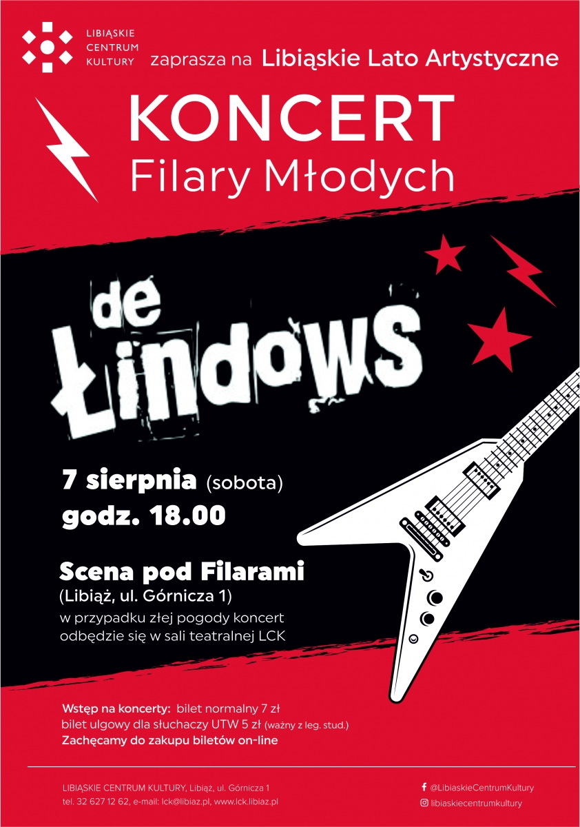 Plakat na czerwono-czarnym tle z białymi napisami oraz rysunkiem gitary.