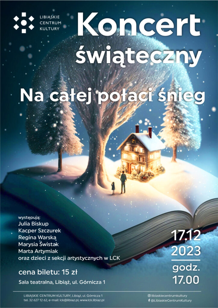Niebieskie tło, białe napisy, drzewo, 2 choinki dwie postacie, podświetlony domej oraz padający śnieg.