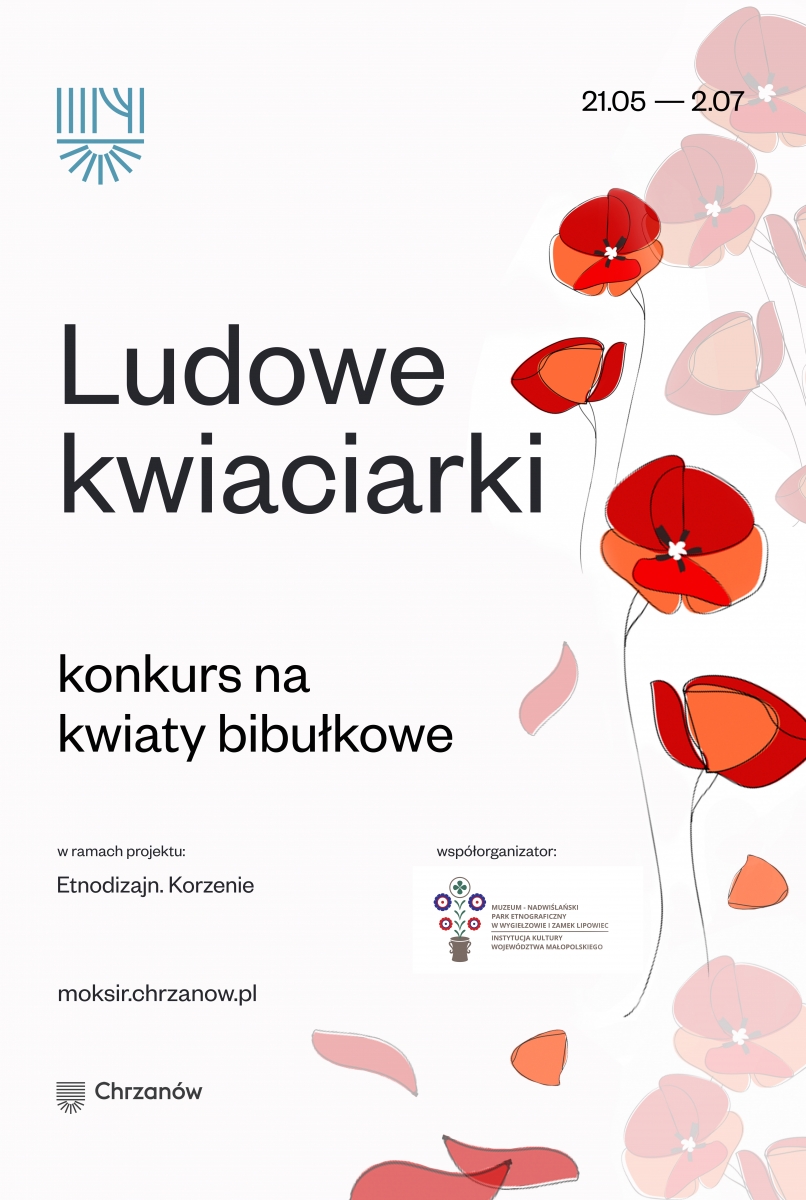 Plakat z makami i informacją: Konkurs kwiaty bibułkowe 