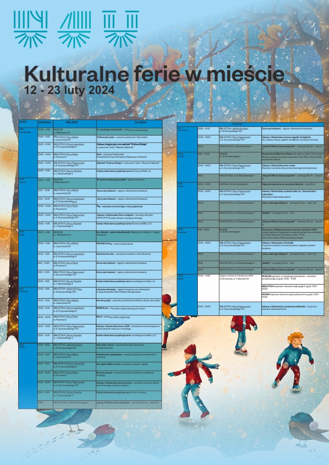 Na plakacie rysunek z dziećmi jeżdżącymi na łyżwach 