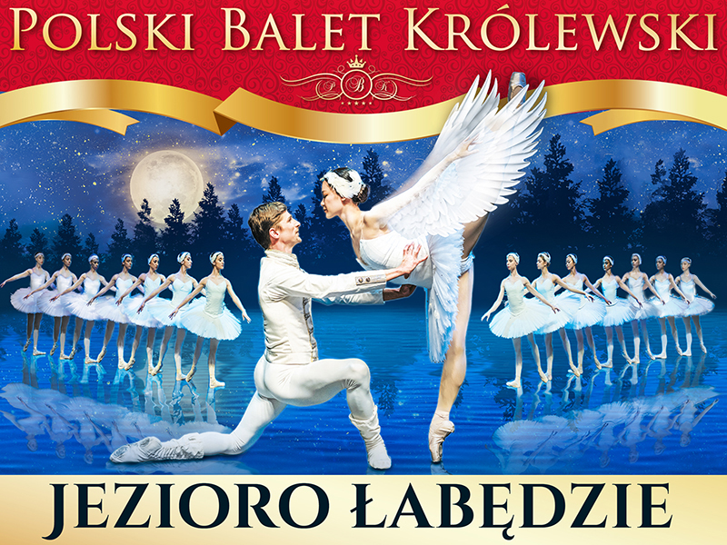 zdjecie baletnic oraz pary wiodącej baletu jezioro łabędzie w rle widok drzewa iglaste księzyc niebo noca na dole tafla jeziora 
