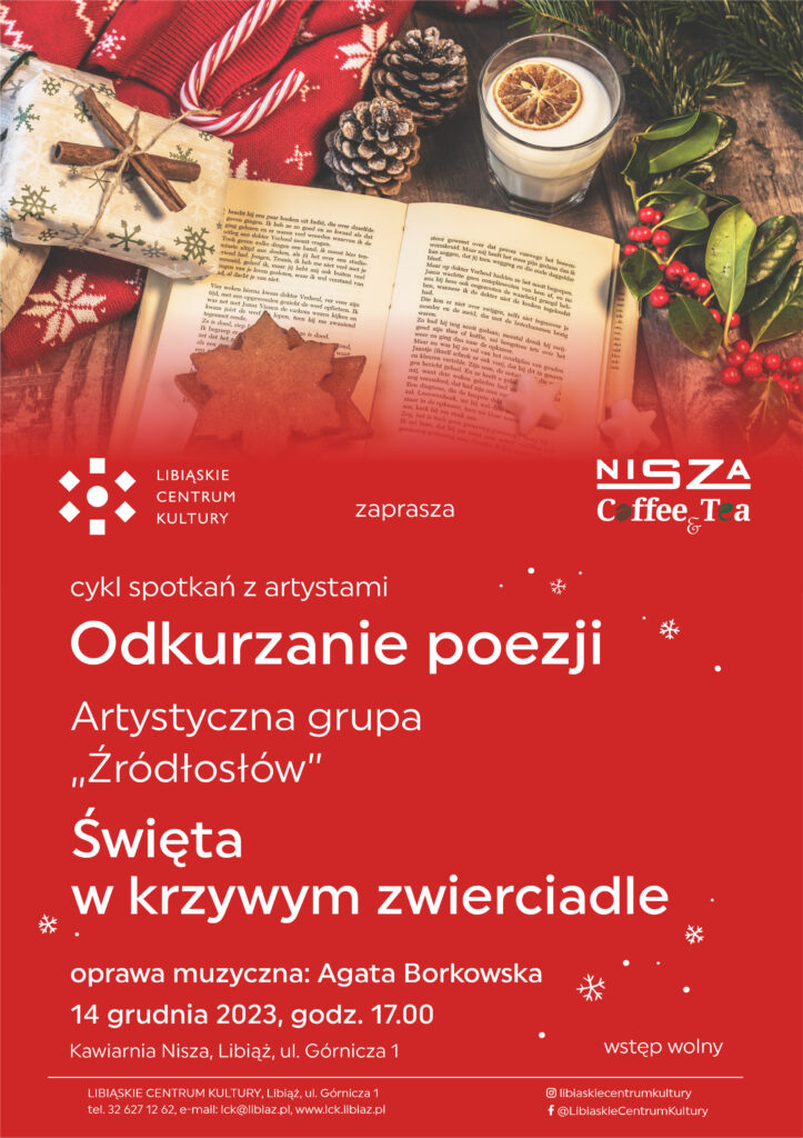 czerwone tłoz białymi napisami i ozdobami świątecznymi