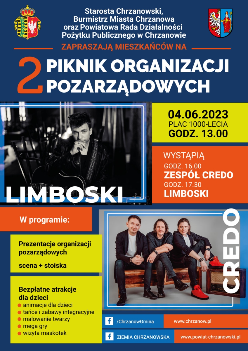 plakat informujacy o pikniku zdjecia credo i limboskiego   napisy 4 czerwiec plac 100 lecia chrzanów godz. 13:00 granatowe tło kolorowe prostokąty z czarnymi i białymi napisami 