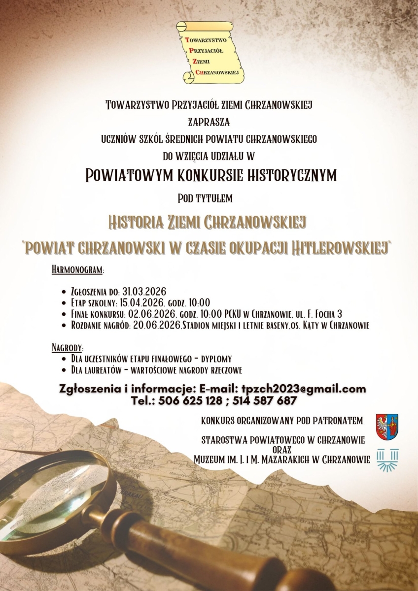 Plakat informacyjne o konkursie. W lewem dolnym rogu jest zdjęcie lupy. Większość plakatu to tekst ze szczegółami konkursu.