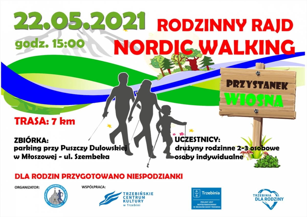 Plakat z napisami: Rodzinny Rajd Nordic Walking 