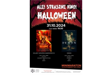 Tło czarne rysunki drzew z odcieniami bordo , dwa zdjęcia filmów, białe i pomarańczowe napisy.