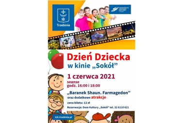 Plakat z napisem Dzień Dziecka w kinie Sokół 1 czerwca , seanse godz. 16 i 18