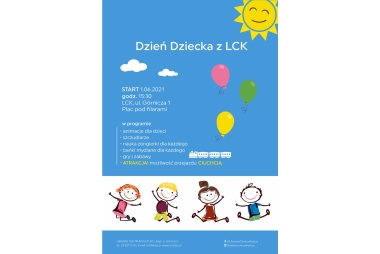 Niebieski plakat z balonami i napisem Dzień Dziecka 1 czerwca godz. 15.30 , LCK ul. Górnicza 1 Libiąż 