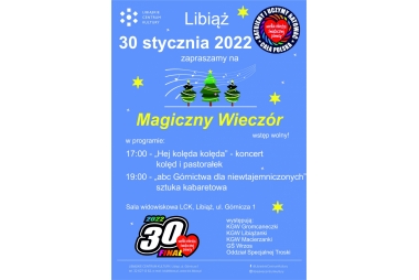 Niebieski plakat z logo WOŚP, choinkami i gwiazdkami 