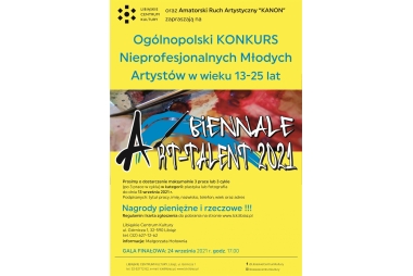 Żółty plakat Biennale Art-Talent 2021 
