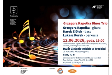 Plakat z nutami w tle. Z prawej strony kwadrat z polem tekstowym, z informacjami. 