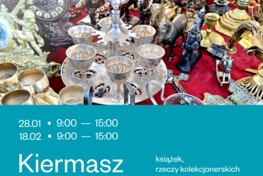 Na plakacie zdjęcie starych zegarów, kielichów, figurek 