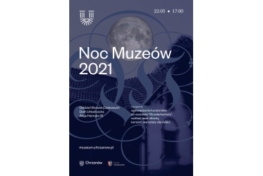 Plakat granaoty z białymi napisami promujący wydarzenie NOC MUZEÓW 2021. W tle zdjęcie Domu Urbańczyka.