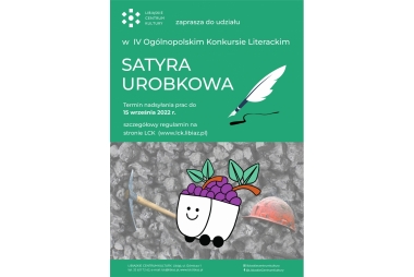 Plakat z informacją o konkursie. Większa część plakatu zajmuje obraz przedstawiający wagonik koplaniany z winogronami na tle wegla kilofa i kasku ochronnego.