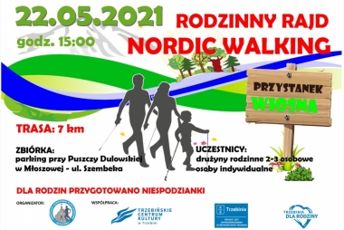 Plakat z napisami: Rodzinny Rajd Nordic Walking 