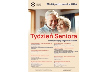 Na beżowym tle czerwone, czarne i granatowe napisy oraz zdjęcie pary w dojżałym wieku.