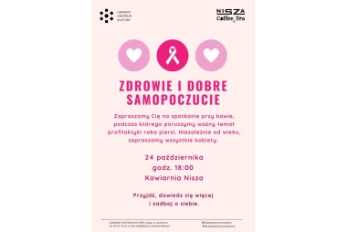 Jasno różowe tło z napisami czarnymi i ciemno różowymi, w różowych kółkach dwa serduszka i wstążka amazonek.