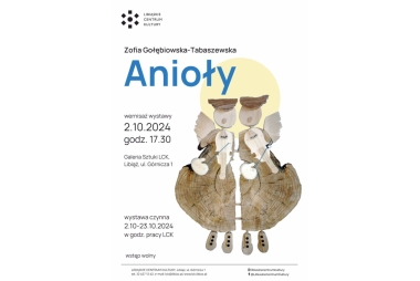 Na białym tle czarne napisy i 2 drewniane anioły