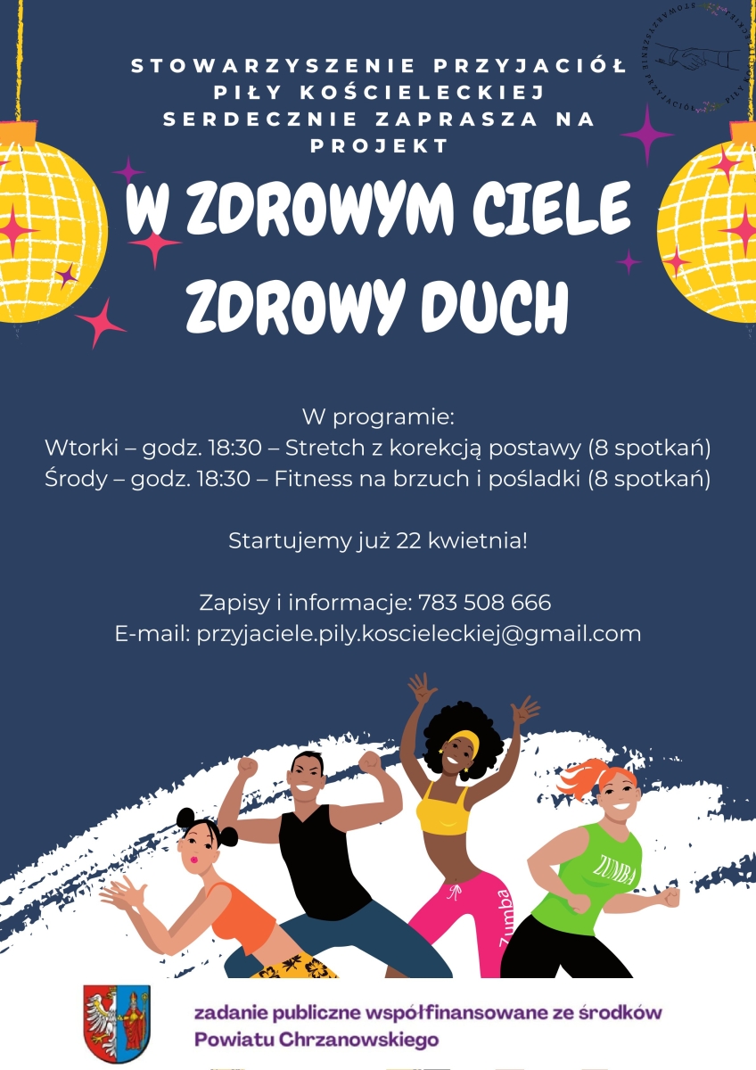 Plakat, na którym jest wiele pól tekstowych z treścią. Na dole są 4 kreskówkowe postacie przedstawiające altywne osoby. Jeszcze niżej jest herb powiatu.