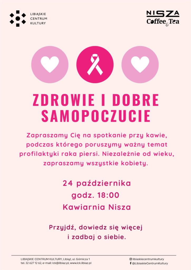 Jasno różowe tło z napisami czarnymi i ciemno różowymi, w różowych kółkach dwa serduszka i wstążka amazonek.