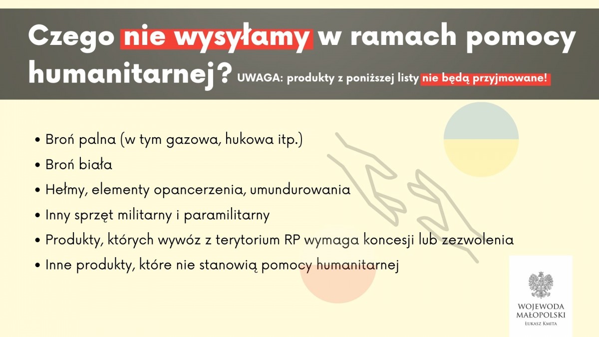 lista produktów, których nie wysyłamy w ramach pomocy humanitarnej