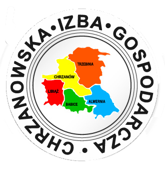 logo CHIG kółko w srodku kontury powiatu z zaznaczonymi gminami, podpisy gmin na czerwonym konturze libiąż, na żółtym chrzanów, na pomarańczowym trzebinia, na zielonym babice, na niebieskim alwernia n