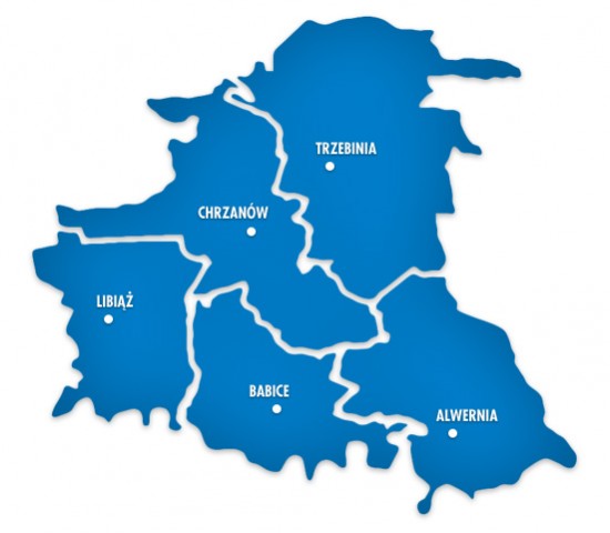 niebieska mapa kontury powiatu chrzanwoskiego. wyodrębnione kontury poszczególnych gmin Alwernia, Babice, Chrzanów, Trzebinia, Libiaż ( na konturach gmin białe napisy z nazwami poszczególnych gmin
