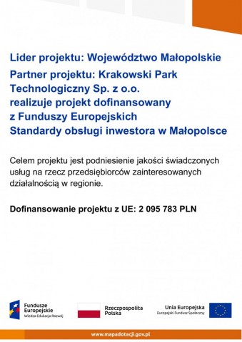biały plakat z napisami niebieskim czarnym na dole lofo funduszy europejskich, PL, UE. w górnym rogu zółty prostokąr, na dole zółty pasek z białym napisem www.mapadotacji.gov.pl. (treśc jak w poscie)