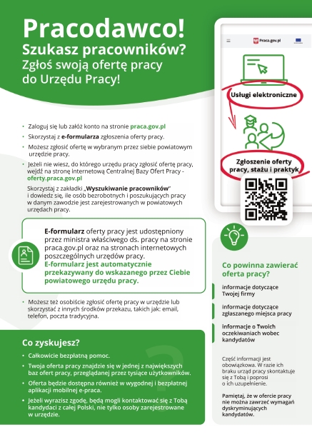 Pinowa ulotka w kolorach zielono-białym zawierającad dużo pól tekstowych z treścią i 3 ikonki.