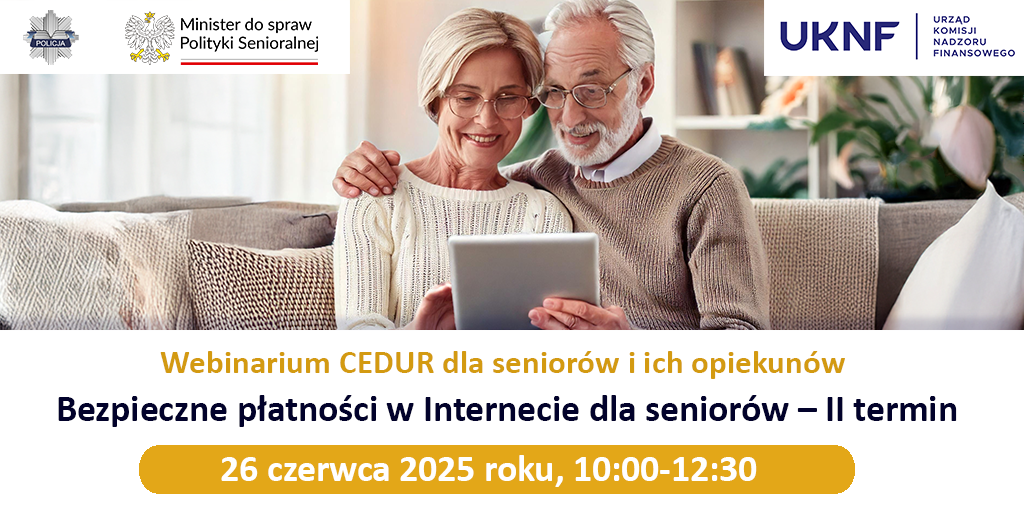 Grafika. W górnych rogach są 3 ikony organziatorów. W środu jest zdjęcie dwóch seniorów patrzących na tablet. Na dole pola tekstowe z treścią. 