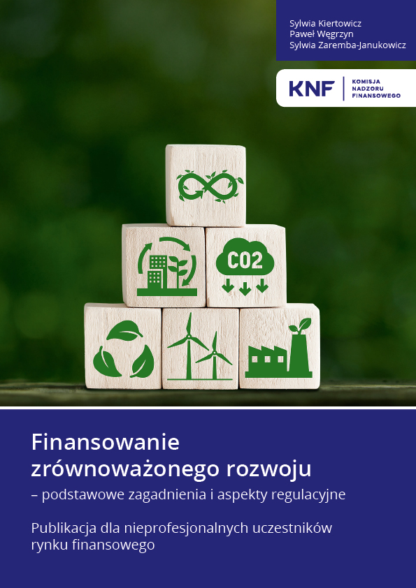 plakat tło zielone 6 drewnianych klocków z zielonymi grafikami z ochr. środowiska  liscie wiatraki co2 obieg zamknięry neiskończonosć  na dole granatoway pas z białymi napisami finansowanie zrównoważonego rozwoju ...