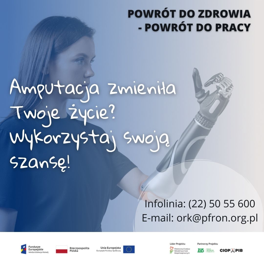 plakat powrót do zdrowia - powrót do pracy (czarny napis) u góry po prawej str, w tle młoda dziewczyna dł.włosy w podkoszulku granatowym stoi przekręcna lewym bokiem, lewa ręka -proteza do łokcia srebrno czarna, biały napis (jak w nagłówku) nr info 