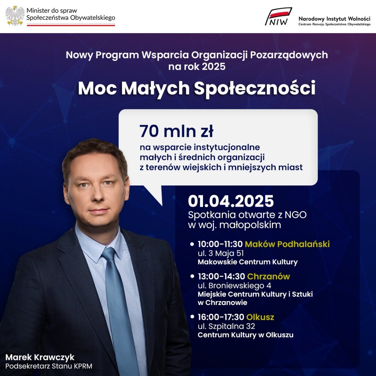 Grafika. Z lewej strony wizerunek mężczyzny w garniturze. Z prawej strony pole tekstowe dotyczące szczegółów spotkania. 