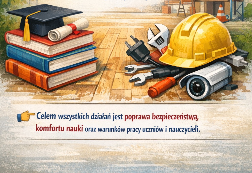 Grafika: książki, narzędzia, kask budowlańca 