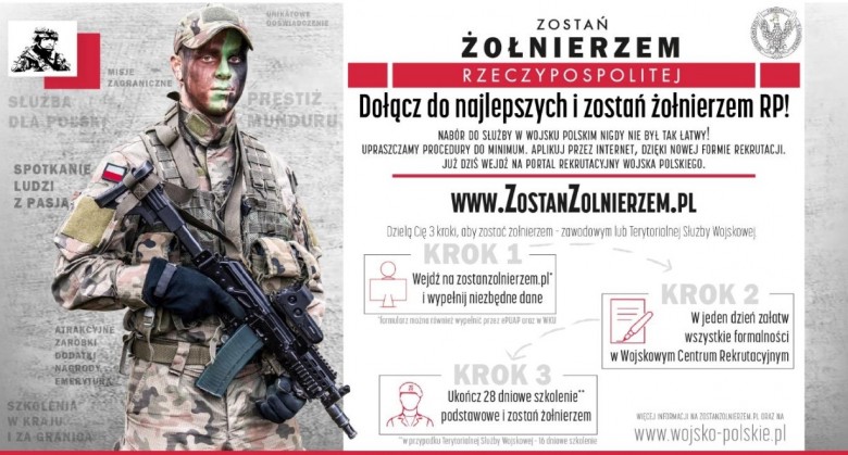 plakat po lewej rysunek żołnieża z bronią w mundurze, po prawej napisy zostan żołnierzem rzeczpospolitej dołacz do najlepszych zostan żołnierzem RP www.zostanzolnierzem.pl