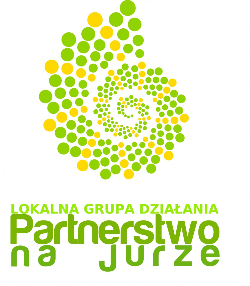 logo LGD partnerstwo na jurze, logo ma kształt muszli ślimaka , składa się z różnej wielkości kropek żółtych i zieolnych
