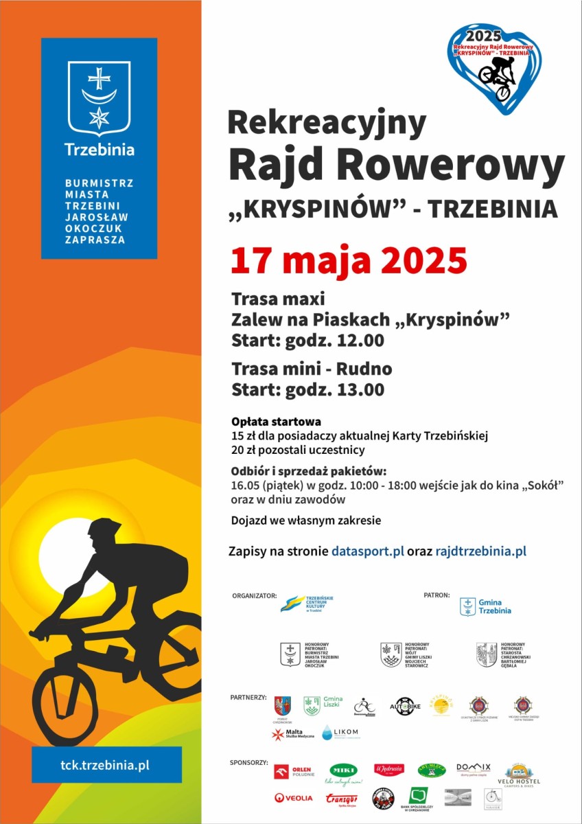 Plakat. Z lewej strony rysunkowa grafika przedstawiająca rowerzyste, w tle zachodzące słońce. Z prawej strony pola tekstowe z treścią i kilkadziesiąd małych logotypów organziatorów i partnerów.