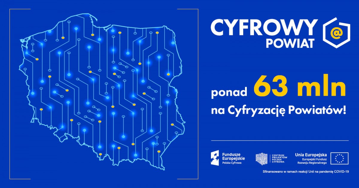 baner niebieski z mapą polski cyfrowy powiat ponad 63 mln na cyfryzację powiatów 