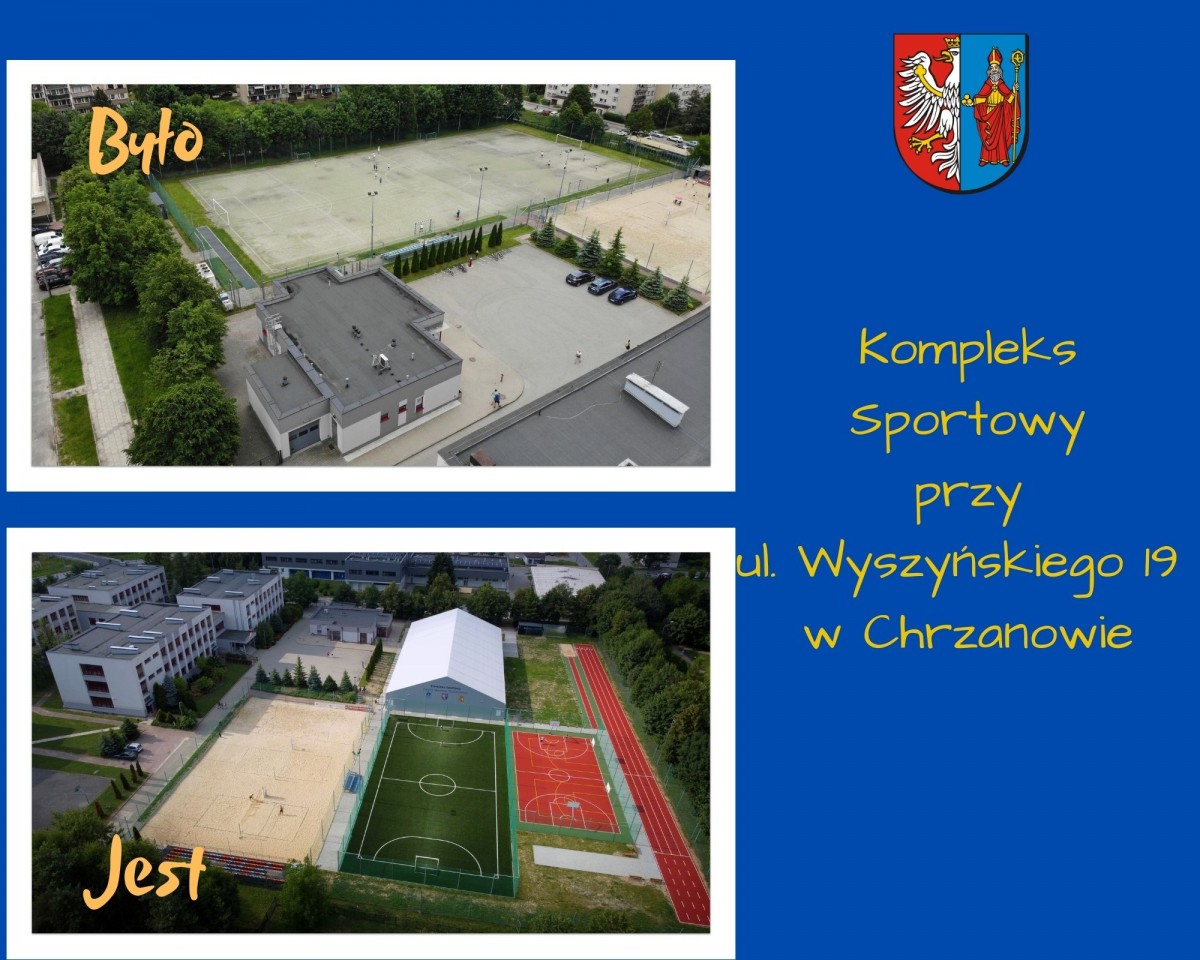grafika przedstawia 2 zdjecia jak obiekt wyglądął przed inwestycją i po przed samo boisko trawiaste, po kompelsk boisk z zadaszonym lodowiskiem