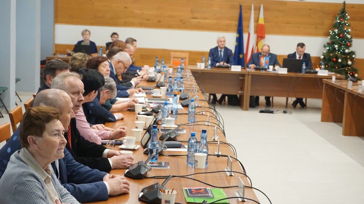 Radni powiatowi w sali narad podczas sesji. Przed nimi mikrofony