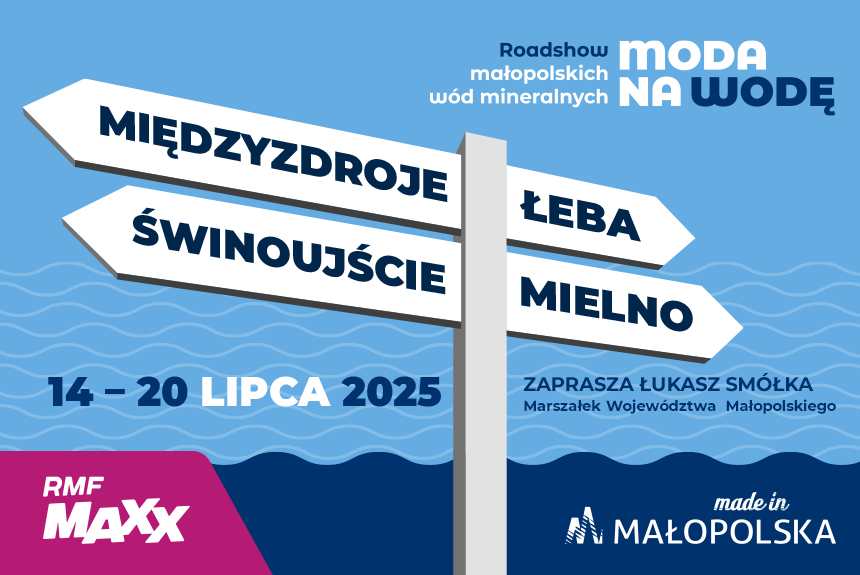 Grafika. W tle rysunek imintujący wodę. Na środku tablica z 4 drogowskazami miejscowości. Na dole i w prawym górnym rogu logo typy.